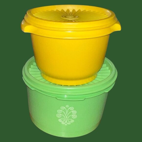 2 Vintage Small Tupperware Servalier Canisters W/ Lids Green/Yellow Containers - Picture 1 of 10